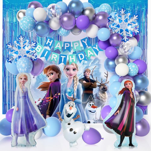 Frozen Birthday Party Supplies, Frozen Party Decorations 82 PCS Include Frozen Backdrop Snowflake Balloon Garland Arch Kit, Elsa, Anna and Olaf Foil Balloon and Happy Birthday Banner for Kids Birthday