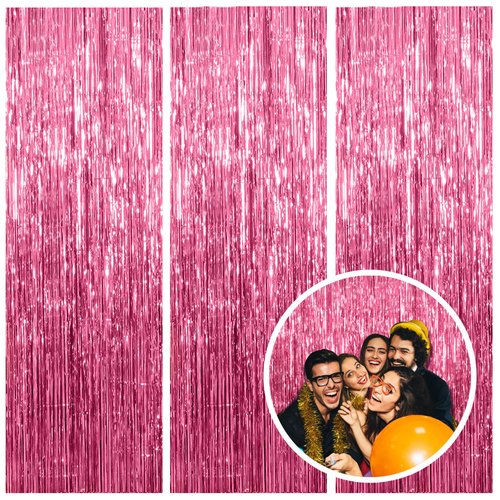 3 Pack Pink Backdrop Birthday Party Decorations Tinsel Foil Fringe Curtains Backdrop Streamer Bachelorette Christmas Graduation Wedding Princess Pink Theme Party Decorations