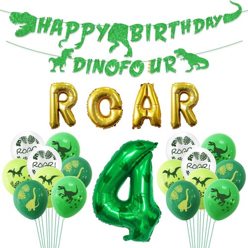 Dino Four Birthday Party Decoration, 4th Dinosaur Birthday Decorations, Dino Four Banner, Roar Balloons, Four Birthday Decorations for Boys Kids 4th Dinosaur Party Supplies