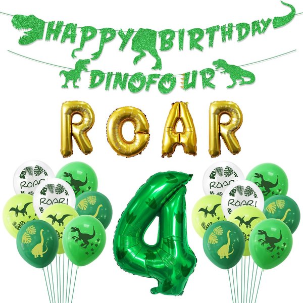 Dino Four Birthday Party Decoration, 4th Dinosaur Birthday Decorations, Dino Four Banner, Roar Balloons, Four Birthday Decorations for Boys Kids 4th Dinosaur Party Supplies