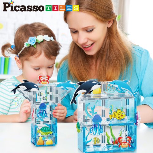 PicassoTiles Magnet Tile Building Blocks Marine Animal World Themed Playset with 8 Ocean Character Action Figures Magnetic Tiles STEM Learning Toy Construction Set Toddlers Boys Girls Ages 3+ PTQ25