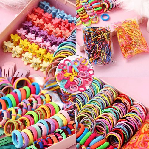 Aakihi 780PCS Color Clear Elastic Hair Bands Clips Mini Hair Claw Clips Rubber Bands Hair Ties Kit with Box for Girls Teens Children…