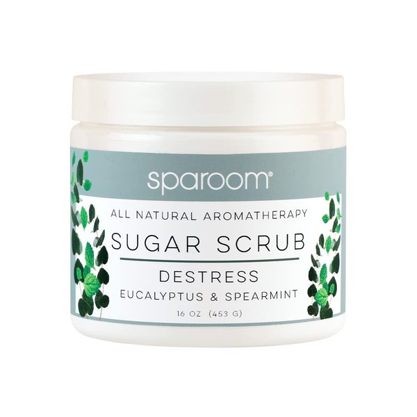 SpaRoom All Natural Aromatherapy Shea Butter and Raw Sugar Hydrating and Exfoliating Body Scrub, 16 oz, Destress- Eucalyptus and Spearmint Essential Oils