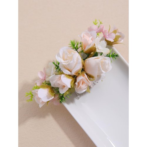Handmade Floral Hair Comb, Beige Rose Flowers with Green Leaves