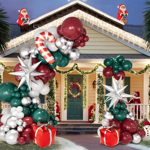 Christmas Balloon Garland Arch kit with Red Green White Silver Balloons Candy Cane Silver Exploding Star Gift Box Foil Balloons for Christmas Party Decorations Birthday Xmas Party Supplies