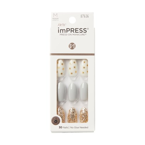 KISS imPRESS No Glue Press-On Nails White Gold Glitter Design Includes 30 Nails, Prep Pad, 1 Manicure Stick, 1 Mini File - Day Stars