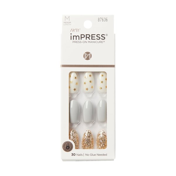 KISS imPRESS No Glue Press-On Nails White Gold Glitter Design Includes 30 Nails, Prep Pad, 1 Manicure Stick, 1 Mini File - Day Stars