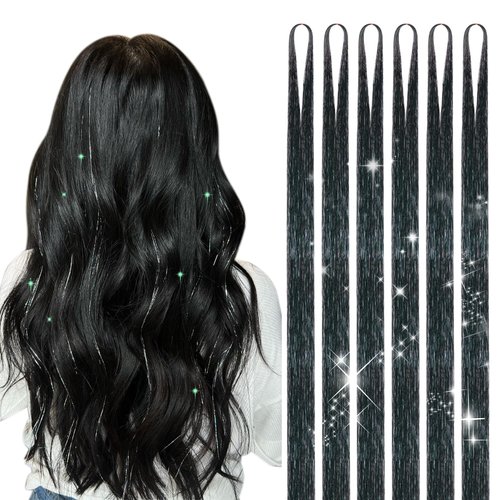 DOORES Pink Tinsel Hair Extensions, Fairy Hair 6 Pcs 48 Inch 1200 Strands, Stylable Fairy Accessories for Women Girls Fairy Hair Tinsel for Christmas Halloween Cosplay Party