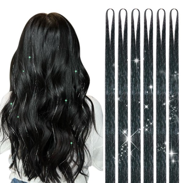 DOORES Pink Tinsel Hair Extensions, Fairy Hair 6 Pcs 48 Inch 1200 Strands, Stylable Fairy Accessories for Women Girls Fairy Hair Tinsel for Christmas Halloween Cosplay Party