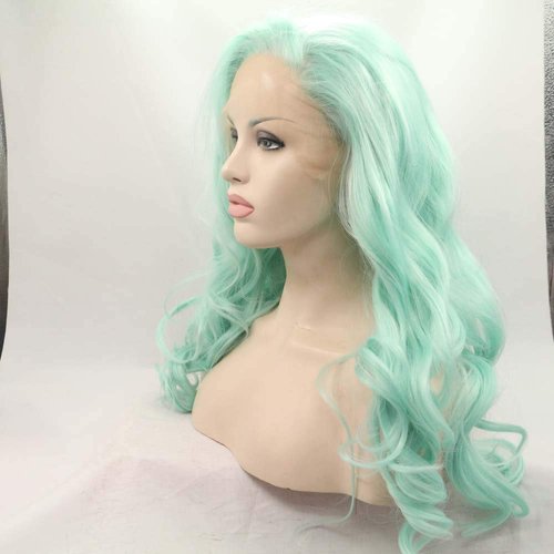 Melody Mint Green Natural Wave Hair Long Wavy Wigs Side Bangs Synthetic Light Green Lace Front Wigs Heat Resistant Fiber Hair Wigs For Women Hair Cosplay