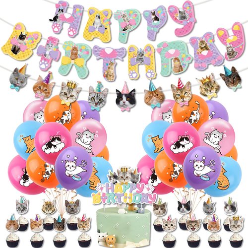 40Pcs Cat Birthday Decorations Cat Happy Birthday Party Supplies, Birthday Banner Cat Banner 20 Pcs Birthday Balloons 2 Pcs Ribbons and 16 Pcs cake Toppers for Kitten Cat Girl Kid Birthday Decorations