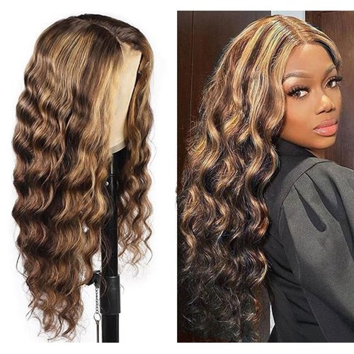 ManeMajesty Body Wave Lace Front Wigs Human Hair Wear and Go Glueless Wigs Human Hair Pre Plucked Pre Cut with Baby Hair 180% Density T Part HD Highlight Ombre Lace Front Wig(14 inch, FS4/27)