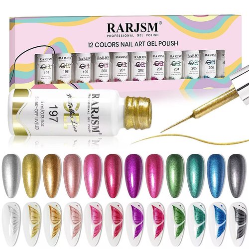 RARJSM Metallic Nail Art Gel Liner Black Silver Rose Gold Blue Green Red Glitter Painted Gel Nail...