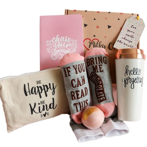 Milky Chic Motivational Gift Set, Best Friend Valentine’s Gift ,Encouraging Appreciation Gift box for Her, Friends and Coworkers, Travel Mug, Socks, Journal, Bath Bomb, Graduation Gift Box, Pink
