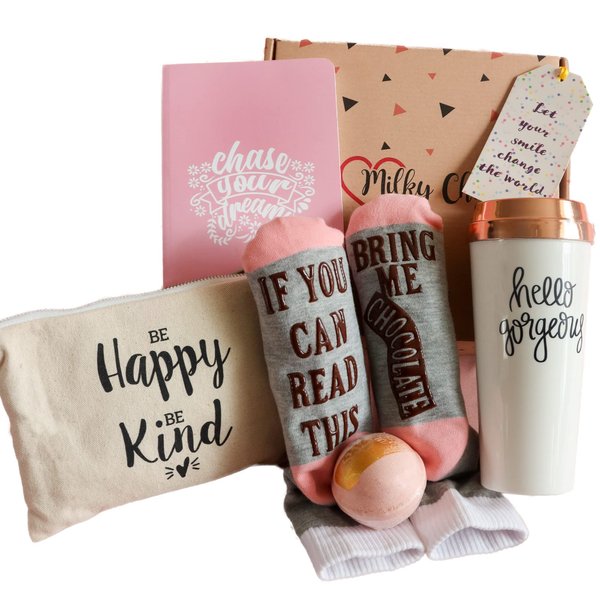 Milky Chic Motivational Gift Set, Best Friend Valentine’s Gift ,Encouraging Appreciation Gift box for Her, Friends and Coworkers, Travel Mug, Socks, Journal, Bath Bomb, Graduation Gift Box, Pink