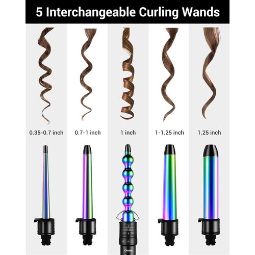 5 in 1 Curling Wand Set: Ohuhu Curling Iron Wand 5Pcs 0.35 to 1.25 Inch Interchangeable Ceramic Barrel Heat Protective Glove 2 Clips Dual Voltage Hair Curler for Girls Women's Day Gift Rainbow