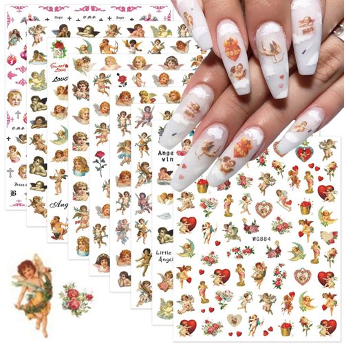 9 Sheets Angel Nail Stickers 3D Self-Adhesive Cupid Nail Art Stickers Eros Flowers Heart Nail Art Supplies Design Valentine's Day Nail Decals for Women Girls Acrylic Nails Manicure Decorations