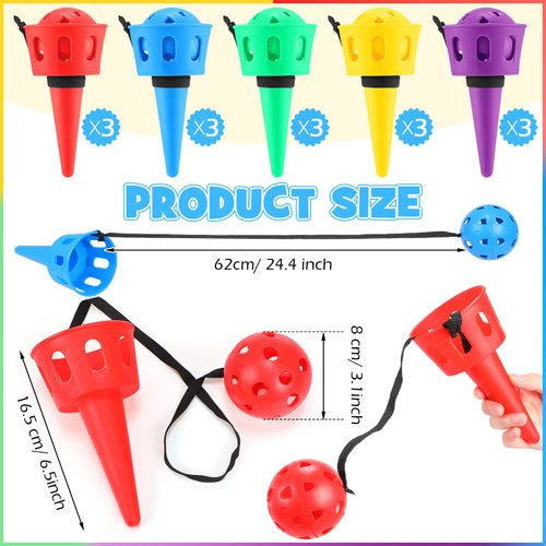 15 Pcs Catch a Ball Set Ball Catch Game Hand Eye Coordination Ball Catching Cup Classic Outdoor Tetherball Catch Game for Lawn Yard Beach Camping Outdoor Sports Party Games Activities Adults, 5 Colors