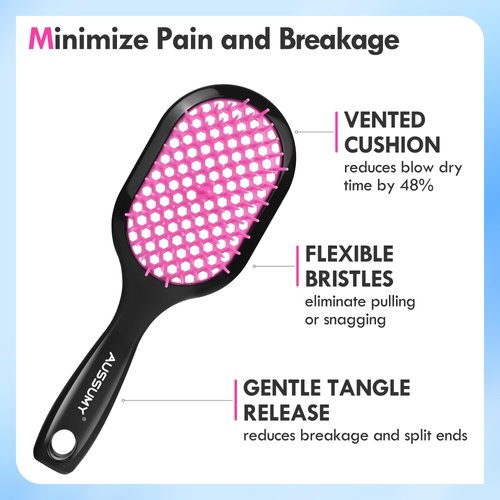 Aussumy Vented Detangling Hair Brush - 2 Pack Detangler Hairbrush for Effortless Tangle Removal - Ultra-Soft Bristles -For Natural Curly Straight Wet Dry Damaged Hair for Women Men Kids - Black & Pink