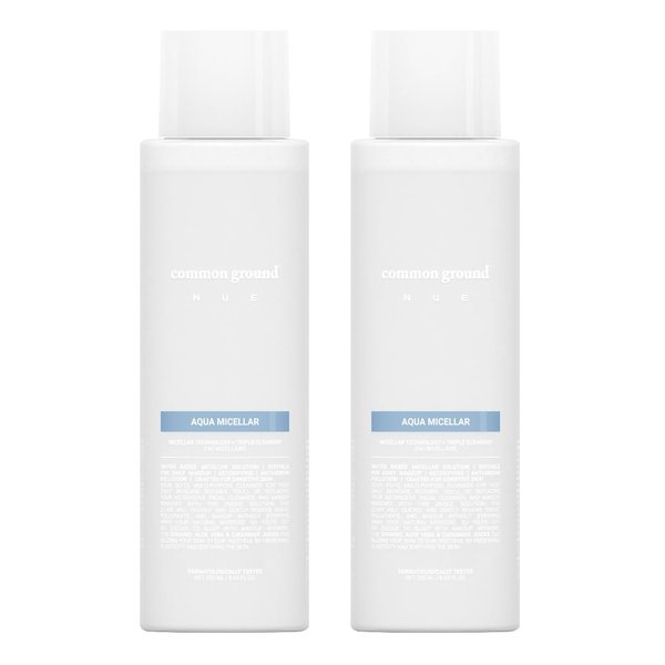 COMMON GROUND NUE Aqua Micellar Water Makeup Remover 3-in-1 Cleanser, Astringent, Makeup Remover, Non-Greasy, No-Rinse, Hydrating, Plant-Based, Organic Aloe Vera & Cucumber, 8.4 Fl Oz (Pack of 2)