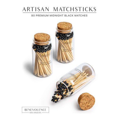 Benevolence LA Decorative Wooden Matches, Artisan Long Matches for Candles, Matches in a Jar, Colored Safety Matches for Lighting Candles with Match Striker On The Bottle, Midnight Black 4 inches