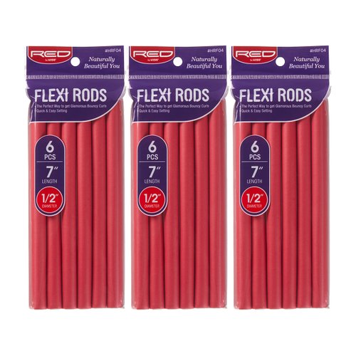 Red by Kiss Flexi Rods 7", 1/2" Diameter - Heatless Hair Curler for 90S Glamorous Bouncy Curls Beach Waves, No Slips, Sleep Styler (6 PCS x 3 PACKS)