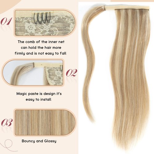 Tinashe Ponytail Extension Human Hair 100% Remy Human Hair Wrap Around Ponytail Hair Extension Long Straight Clip in Ponytail Hair Piece with Magic Paste For Women Highlight #16/613 (#16/613, 20inch)