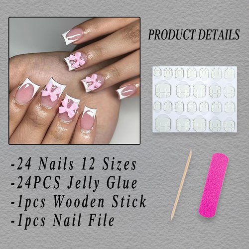 ROFIBUT French Tip Press on Nails Short Square Fake Nails White French Tip False Nails with 3D Resin Bow Charm Designs Glossy Natural Nude Acrylic Nails Reusable Stick on Nails for Women Girls 24Pcs