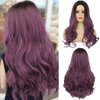 Kaneles Ombre Purple Long Wavy Wig with Dark Roots Ombre Purple Curly Hair Middle Part Synthetic Cosplay Halloween Costume Wig (Black and Purple)