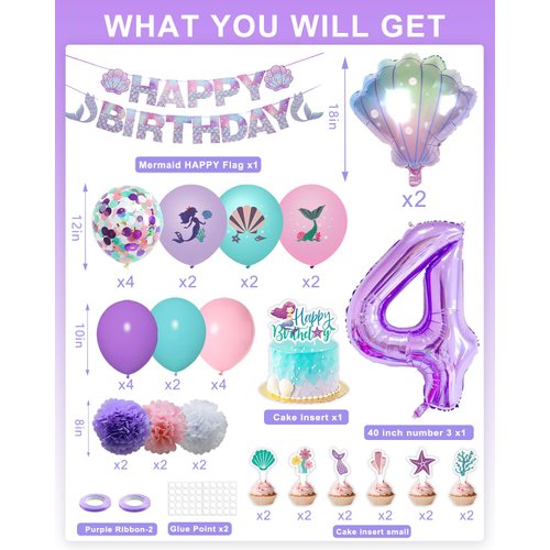 SKRCUI Mermaid Birthday Decorations Little Mermaid Party Decorations Mermaid Party Supplies Set with Mermaid Shell,Banner,Cake Topper,Pom Poms Flowers,Latex Balloons and Number 4 Balloon for Girls