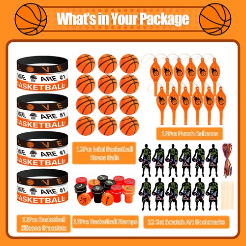 Mindshef Basketball Party Favors Birthday Supplies 60pcs Buck Silicone Bracelets Punch Balloons Basketball Stress Ball Stamp Scratch Art Set For Kids Pinata Stuffer Boys Girls