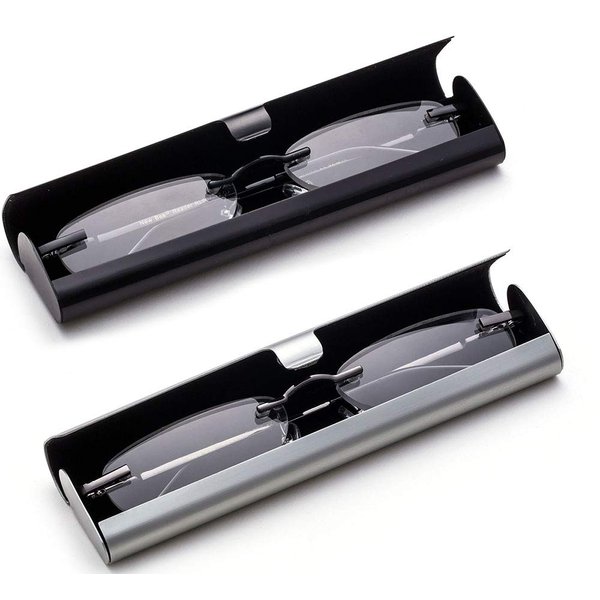 Newbee Fashion-Portable Compact Reading Glasses in Aluminum Case Metal Rectangle Rimless Reading Glasses Super Lightweight Reader Slim Design Comfort Fit for Men&Women 2 PACKBLACK & Gunmetal+2.50