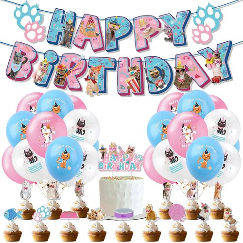 Cat Party Decorations, Includes Cat Birthday Banners, Balloons, Cake Toppers，for Cat Themed Birthday Party Supplies