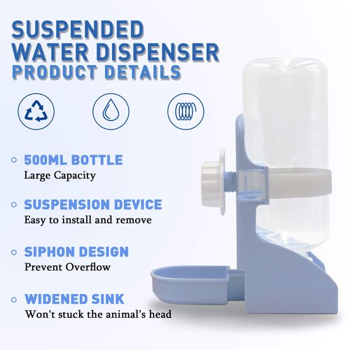 LLSPET Rabbit Water Bottle Suspension Water Dispenser for Mini Pet Bunny Guinea Pig Chinchilla, 500ml Automatic Water Bottle by Gravity Flow Supply, Prevent Overflow, BPA Free (Blue)