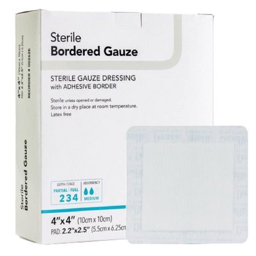 Sterile Bordered Gauze Dressing with Adhesive Border - 25 Count - 4"x4" - Individually Packaged - for Stage 2, 3 and 4 Wound Care - Latex Free