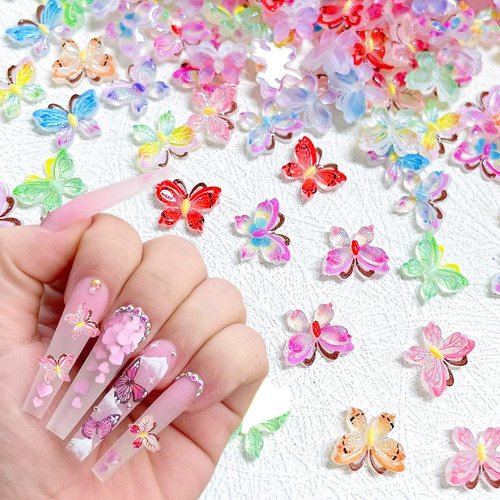 40Pcs Butterfly Nail Charms 3D Mix Color Aurora Butterfly Nail Charms Cute Glitter Rhinestones Nail Art Supplies Clear Colorful Butterfly Nail Jewelry Resin Mold Crafts Design for Women Girls Acrylic