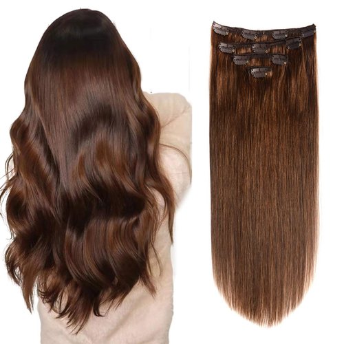 GEELOOK Clip in Hair Extensions Real Human Hair 20 Inch Chocolate Brown #4 Color Double Weft 100% Remy Human Hair Thick Long Soft Silky Straight 4pcs 10clips for Women 70grams