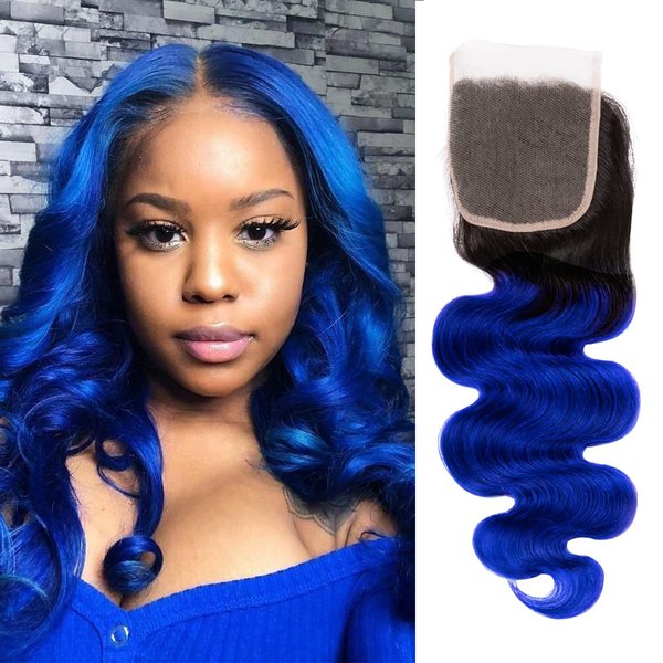 SEXAY Blue 4x4 Lace Closure Body Wave Brazilian Virgin Human Hair Extensions Ombre Free Part Closure Pre Plucked With Baby Hair for Black Women 1B/Blue Color Closure(16inch)