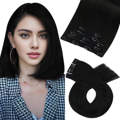 Moresoo Black Hair Extensions Clip in Human Hair Jet Black Clip in Hair Extensions Real Human Hair Double Weft Human Hair Extensions Clip ins Black #1 14 Inch 5Pieces 80Grams