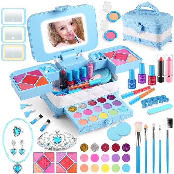YasinKidz 57 in 1 Kids Makeup Kit, with 3-Color Led Makeup Mirror Real Washable Makeup for Kids, Perfect Girl Birthday Gift, Age 3+