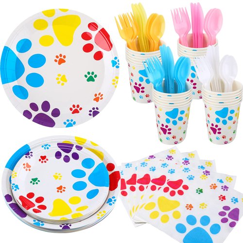 Puppy Dog Paw Party Supplies, 168 Pieces Disposable Paper Tableware Puppy Dog Paw Plates Cups Napkins Knife Fork Spoon for Dog Birthday Baby Shower Party