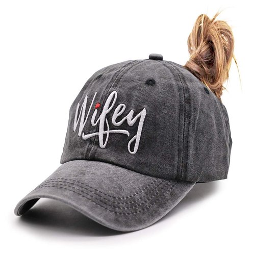 MANMESH HATT Embroidered Wifey Ponytail Hat Vintage Washed Adjustable Denim Baseball Cap for Women (Black, One Size)