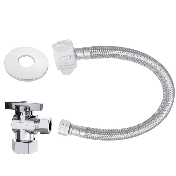 VINTEX Toilet Connector Plumbing kit，Complete Toilet Set Valve with 12" Long Stainless Steel Toilet Connector Hose，1/2 inch NOM Inlet x 3/8 inch OD Compression Outlet Angle Shut Off+Escutcheon Plate