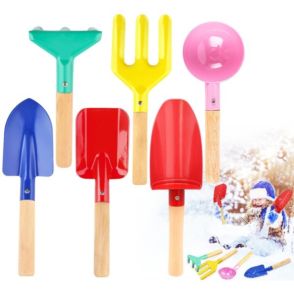 Beach Toys for Kids, 6Pcs 8'' Kids Gardening Tools Sand Toys Set, Metal Garden Tools with Sturdy Wooden Handle, Cylinder, Spoon, Fork, Rake, Flat & Pointed Shovel, Gifts for Children