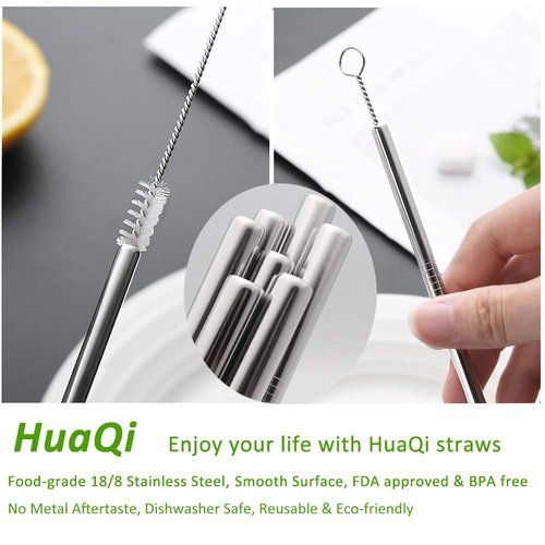 HuaQi Stainless Steel Metal Straws with Silicone Tips Set of 10 Straight Reusable Drinking Straws for 20oz 30oz Tumblers (10.5'' L 0.24''Dia Straws+ 2 Brushes)