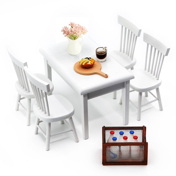 1/12 Dollhouse Miniature Dining Set, 17 pcs Wooden Mini DIY Dollhouse Furniture Accessories Set,Dining Table Chairs,Simulation Vase,Breakfast and Milk,for Aults Dollhouse Lovers