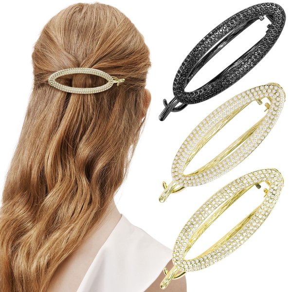 KICOSY 3PCS French Barrette Hair Clips Rhinestone Flat Hair Clips Metal Hair Clips Retro Barrettes for Thick Hair Lay Down Hair Claw Clips Hair Styling Accessories