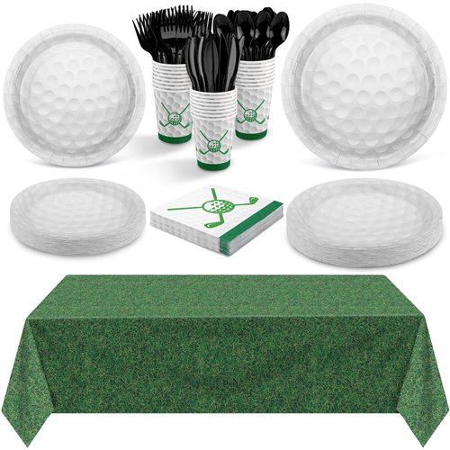 durony 169 Pieces Golf Party Supplies Include 48 Golf Dessert Plates 24 Golf Paper Cups Green Grass Field Plastic Tablecloth 24 Golf Napkins 24 Knives 24 Forks 24 Spoons Golf Disposable Tableware Set