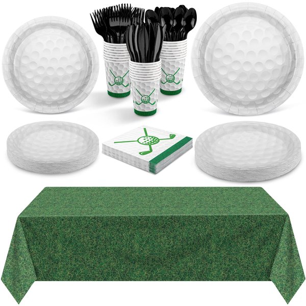durony 169 Pieces Golf Party Supplies Include 48 Golf Dessert Plates 24 Golf Paper Cups Green Grass Field Plastic Tablecloth 24 Golf Napkins 24 Knives 24 Forks 24 Spoons Golf Disposable Tableware Set