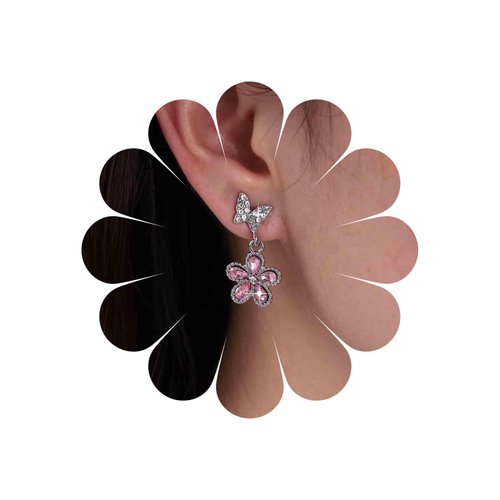 Sttiafay Vintage Pink Crystal Flower Earrings Butterfly Flower Drop Earrings Silver Rhinestone Butterfly Stud Earrings Pink Gemstone Butterfly Earrings Jewelry for Women